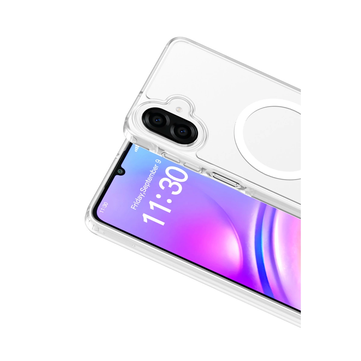 Çift kameralı şeffaf telefon kılıfı, ekranda 11:30 görünüyor.
