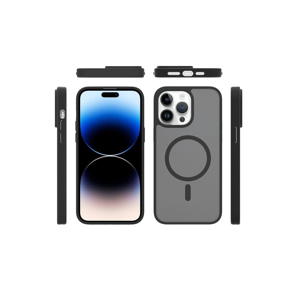Mıknatısları gösteren gri kılıflı siyah iPhone. Birden fazla açı gösteriliyor.