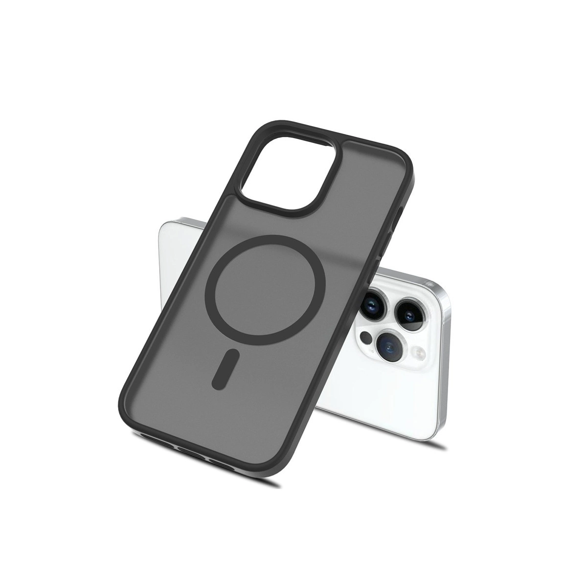 Manyetik halkalı koyu gri telefon kılıfı beyaz bir iPhone'un üzerinde duruyor.