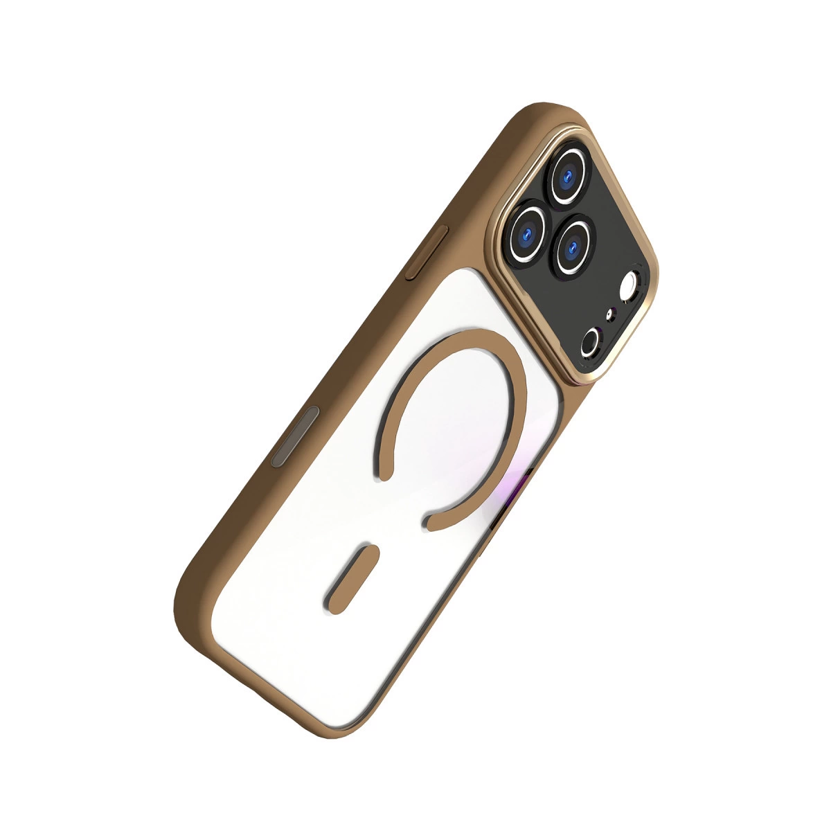 Altın rengi iPhone kılıfı, şeffaf arka yüz ve manyetik halka.