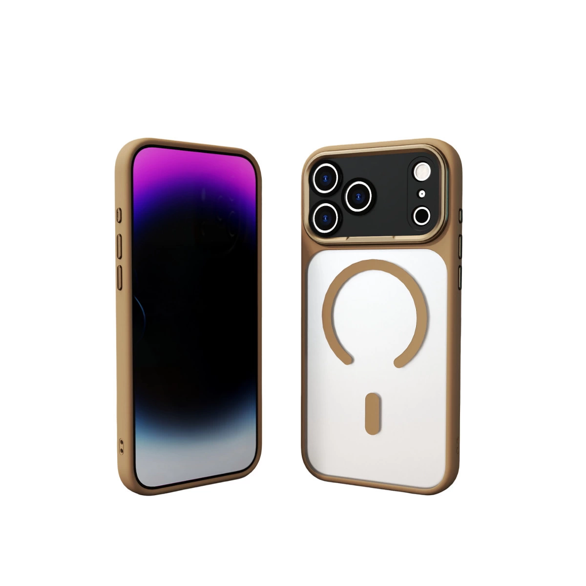 Dairesel kesimli beyaz arka ve altın kenarlı akıllı telefon kılıfı.