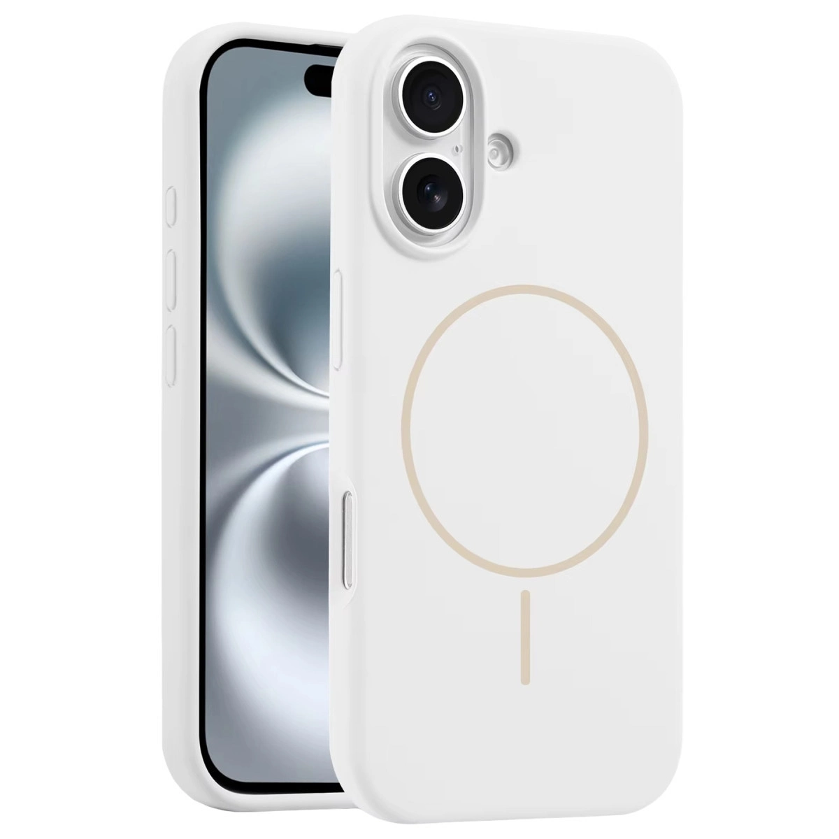 Altında çizgi bulunan dairesel manyetik halkalı beyaz iPhone kılıfı.