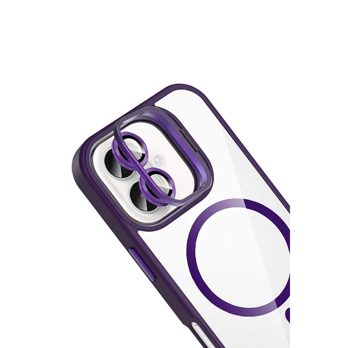 Şeffaf arka ve kamera lens korumalı mor iPhone kılıfı.