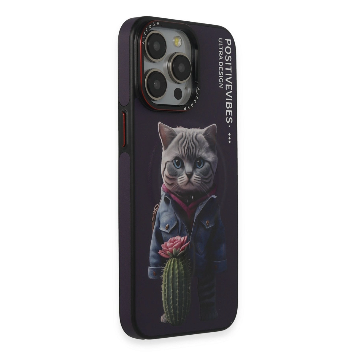 Koyu mor telefon kılıfı, kot ceket giymiş stilize edilmiş gri kedi ve çiçek figürü.