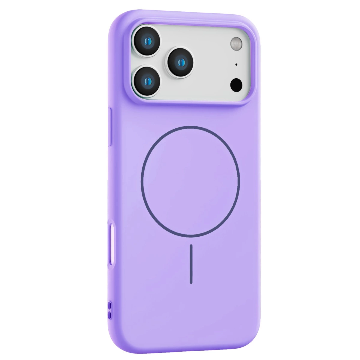 Üç kamera lensli ve manyetik halkalı mor telefon kılıfı.