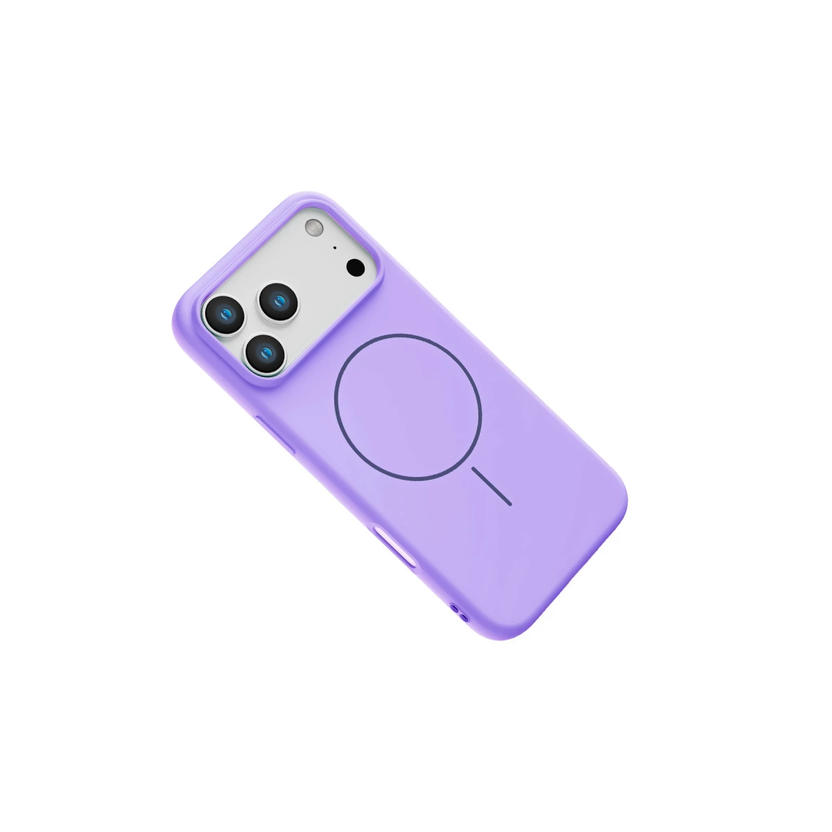 Üç kameralı ve dairesel manyetik halkalı mor iPhone kılıfı.