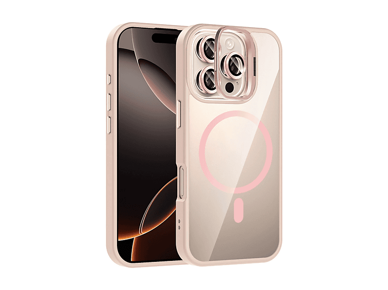 NEWFACE iPhone 16 Pro Uyumlu Remim Lensli Magsafe Standlı Kapak Telefon Kılıfı Pembe