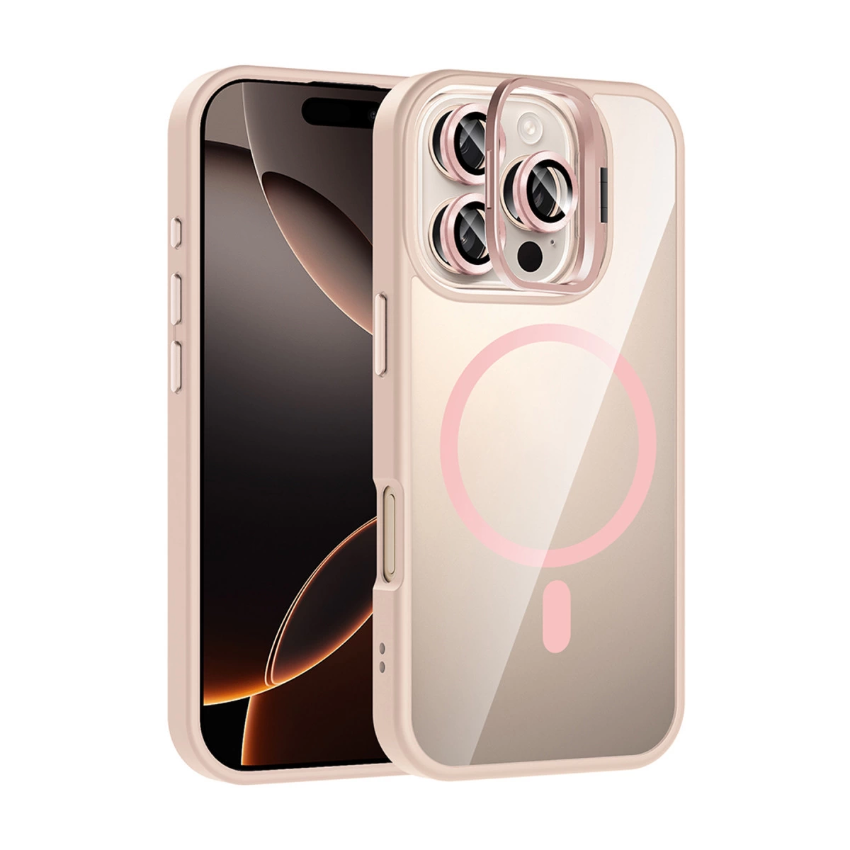 NEWFACE iPhone 16 Pro Max Uyumlu Remim Lensli Magsafe Standlı Kapak Telefon Kılıfı Pembe