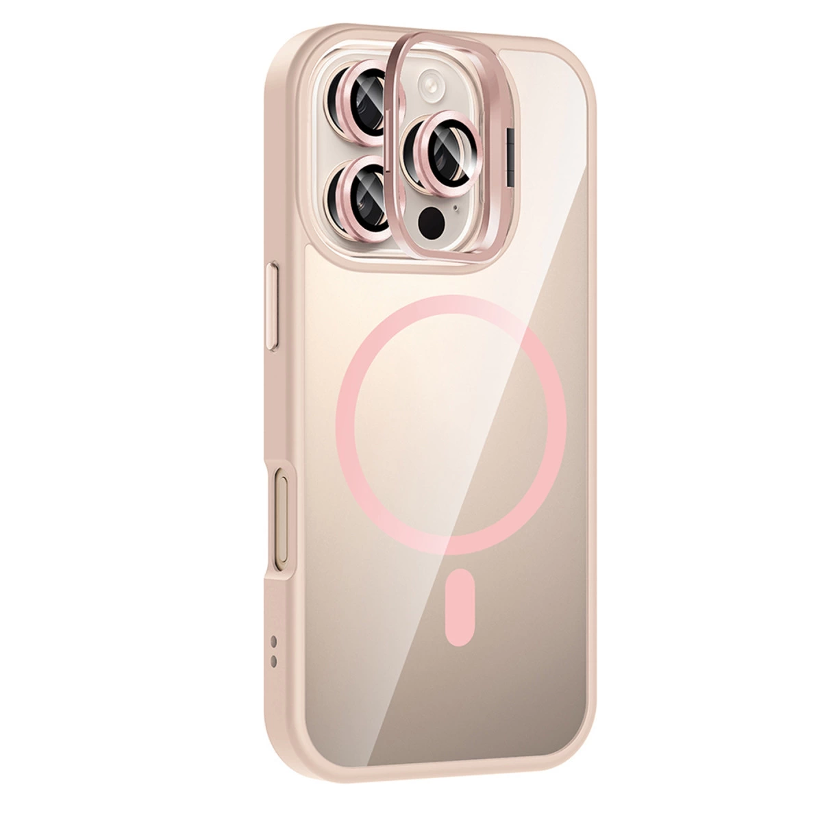 Pembe çerçeveli ve MagSafe halkalı şeffaf telefon kılıfı.
