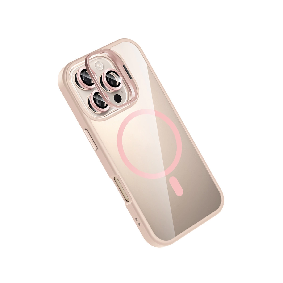 Pembe vurgulu, kamera korumalı ve MagSafe halkalı şeffaf telefon kılıfı.