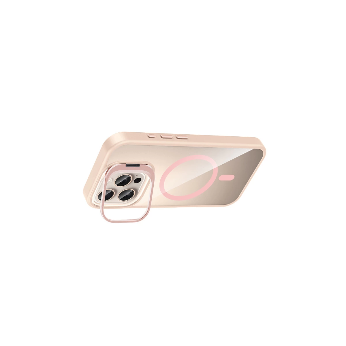 Pembe halkalı ve kamera kesimli şeffaf telefon kılıfı.