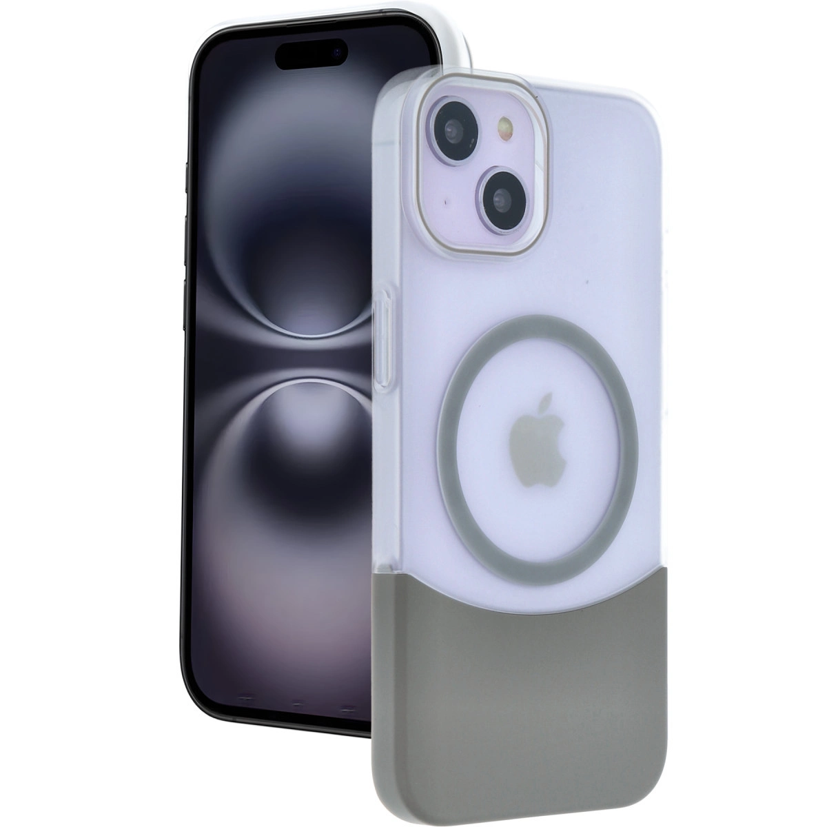 Gri alt ve MagSafe halkalı şeffaf telefon kılıfı bir iPhone üzerinde.
