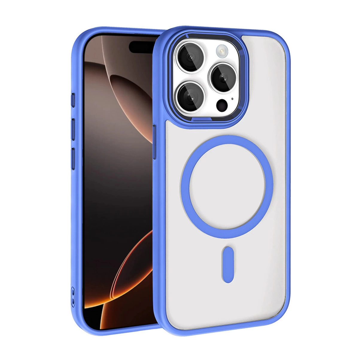Mavi çerçeveli, şeffaf arkalı ve kamera modüllü iPhone.