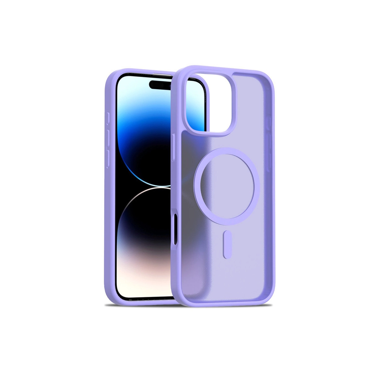 Arkada telefon olan mor iPhone kılıfı beyaz arka planda.