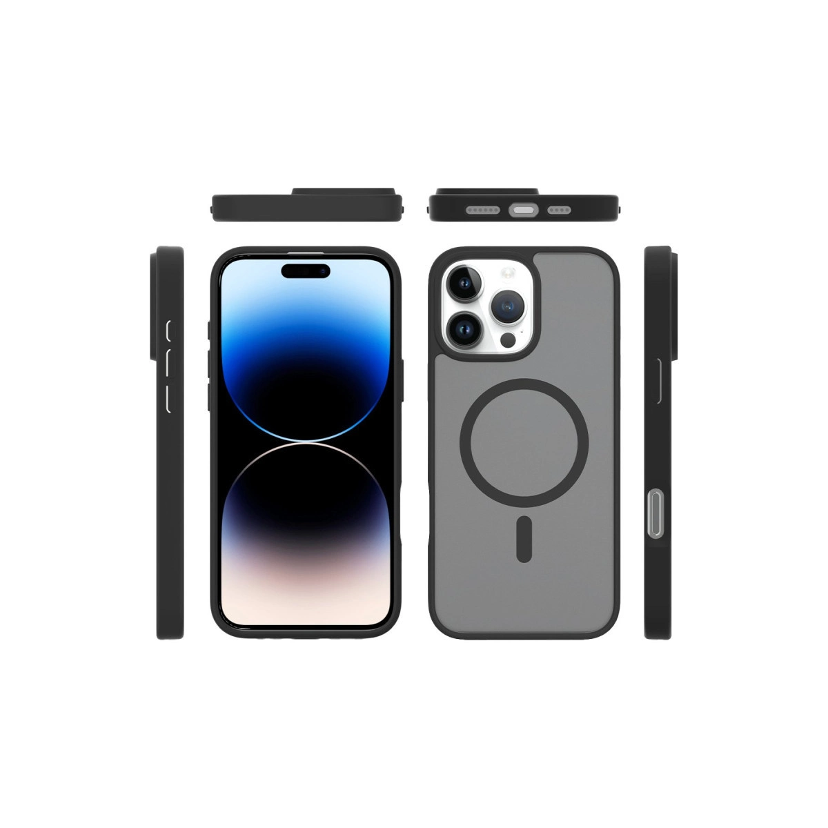 Kılıflı bir iPhone, önden, arkadan ve yanlardan gösteriliyor.