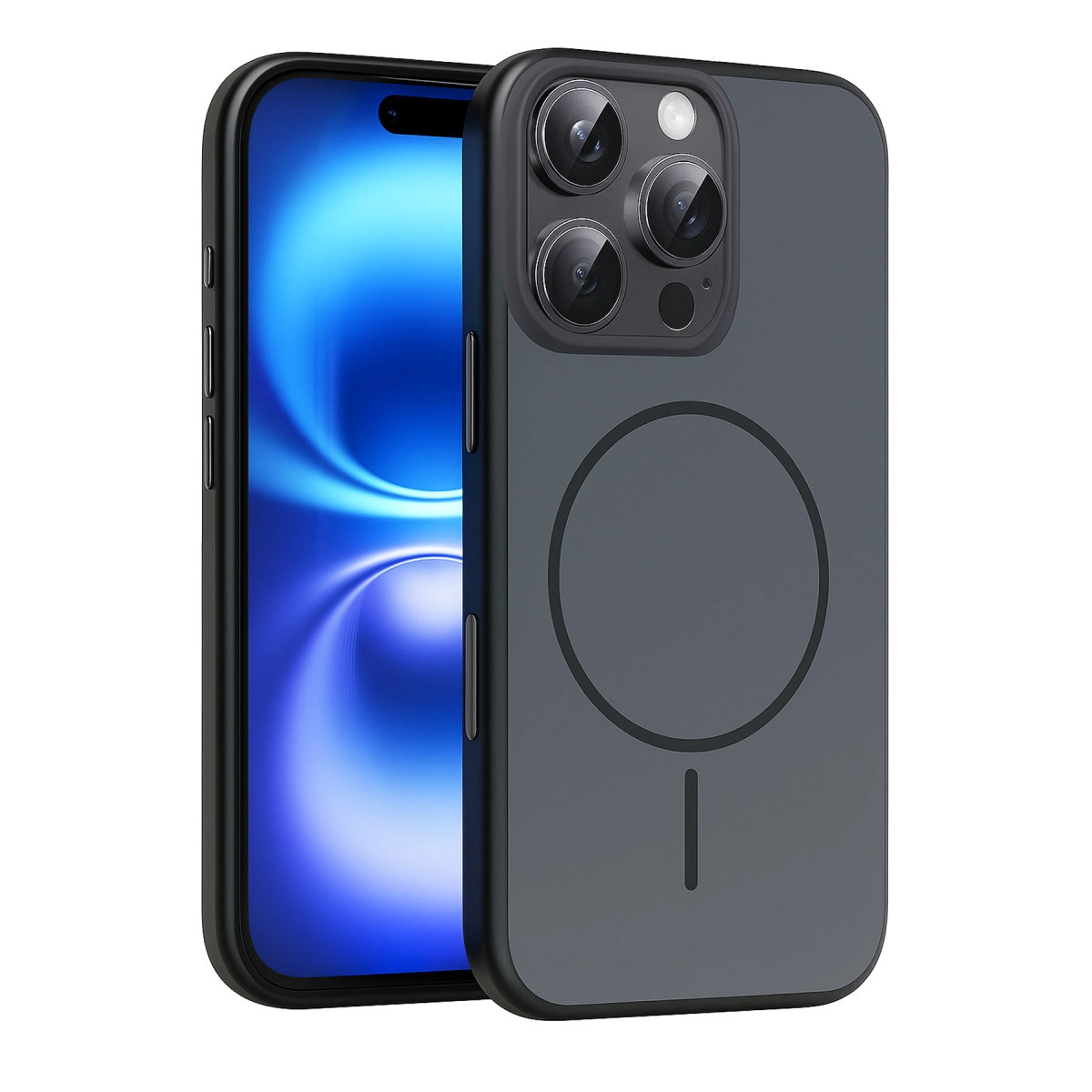 Kamera kesimli ve dairesel mıknatıs desenli koyu gri iPhone kılıfı.