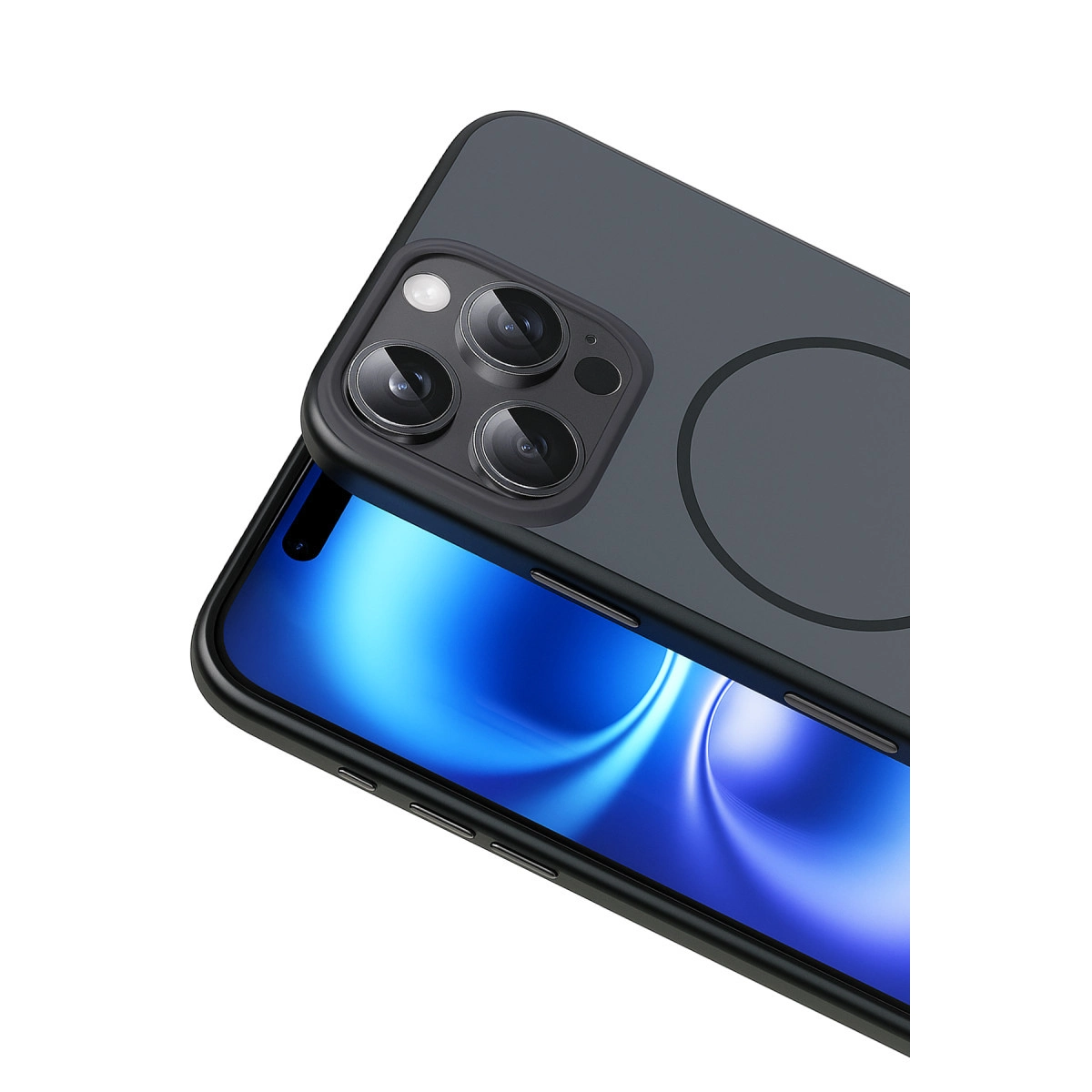 Üç kamera lensli ve dairesel mıknatıs halkalı koyu gri telefon.