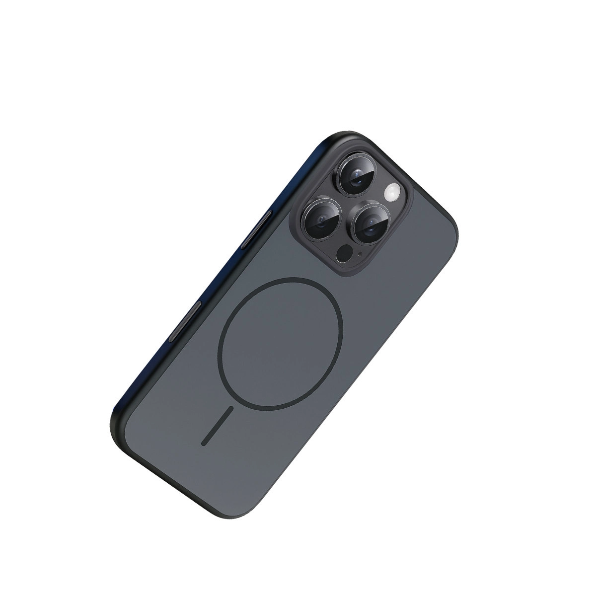 Üç kameralı, manyetik halkalı koyu gri telefon. Beyaz arka plan.