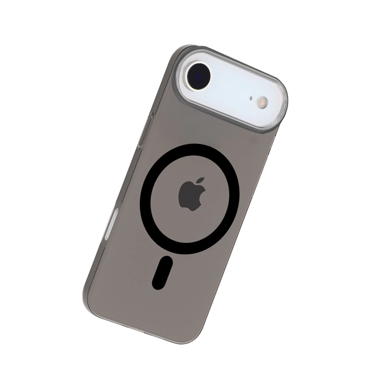 Siyah Apple logosu ve manyetik halkalı gri telefon kılıfı.