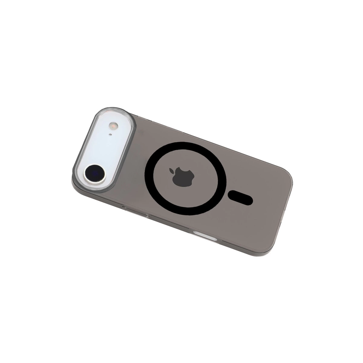 Apple logosu ve MagSafe halkası olan şeffaf telefon kılıfı.