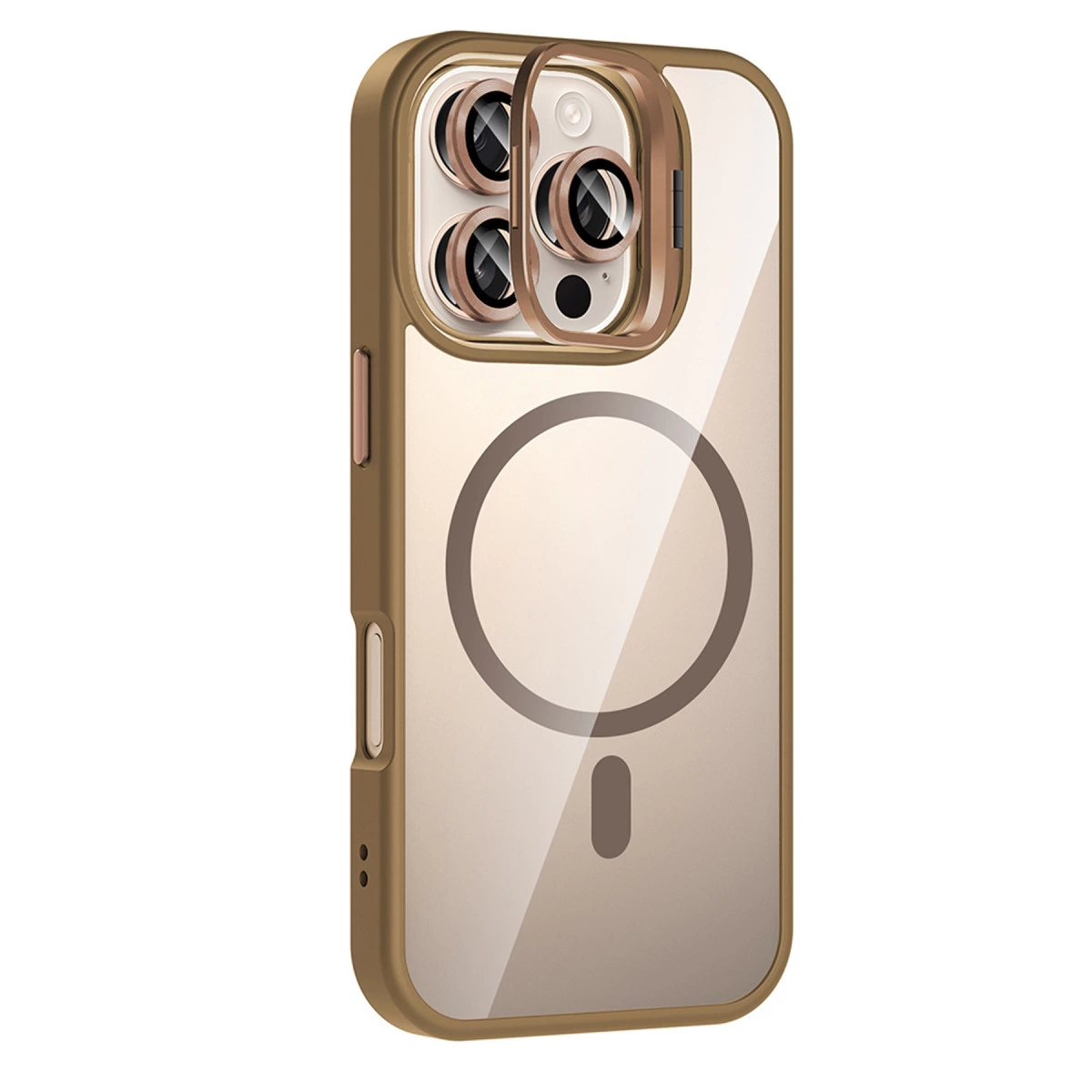 Tan çerçeveli ve lens korumalı şeffaf telefon kılıfı.