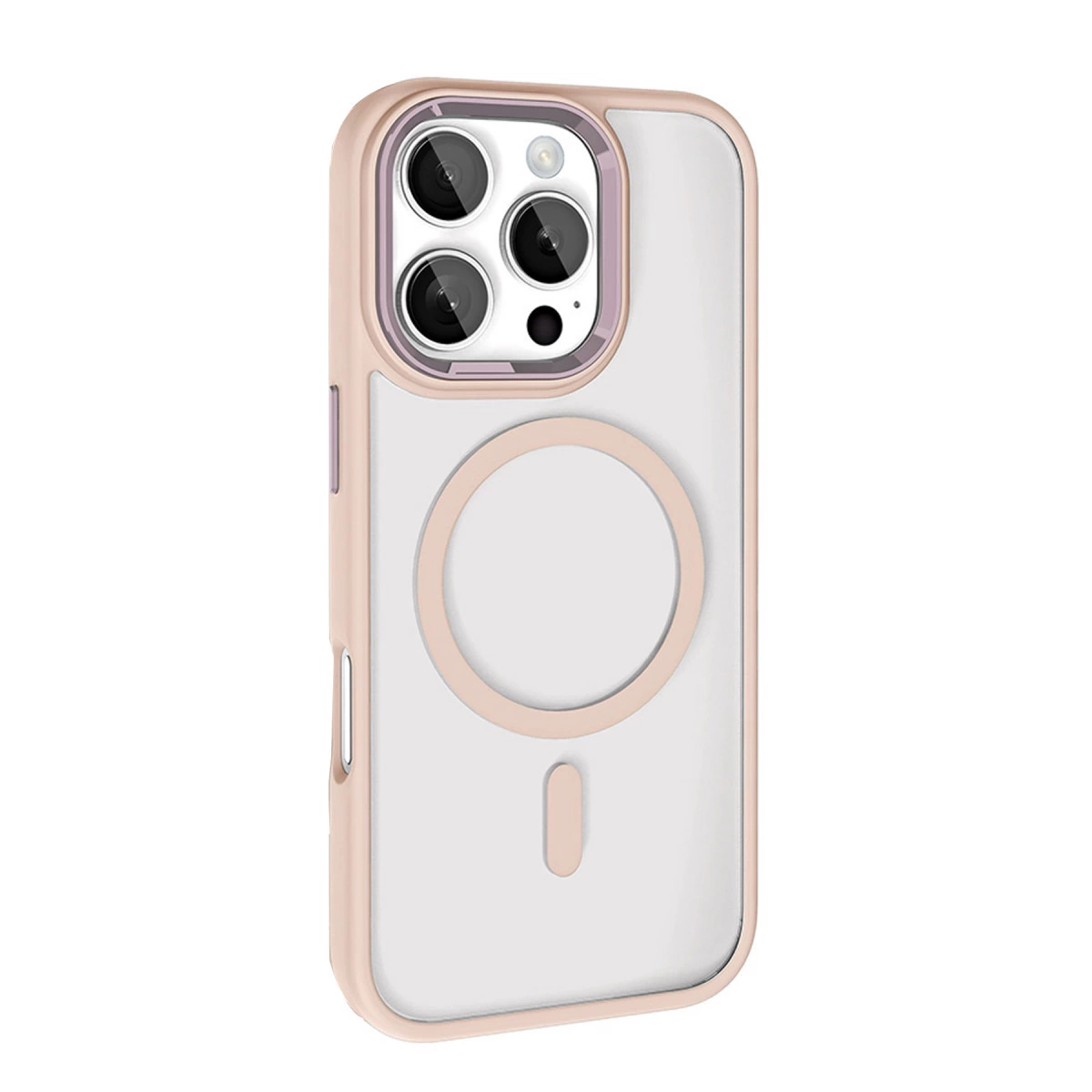 Pembe çerçeveli ve MagSafe halkalı şeffaf telefon kılıfı.