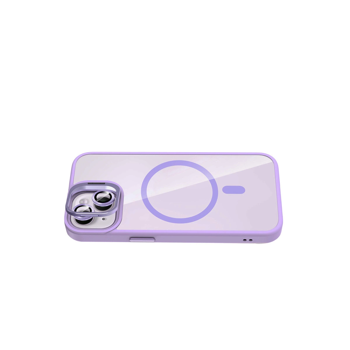 Şeffaf arka ve MagSafe halkalı mor iPhone kılıfı.