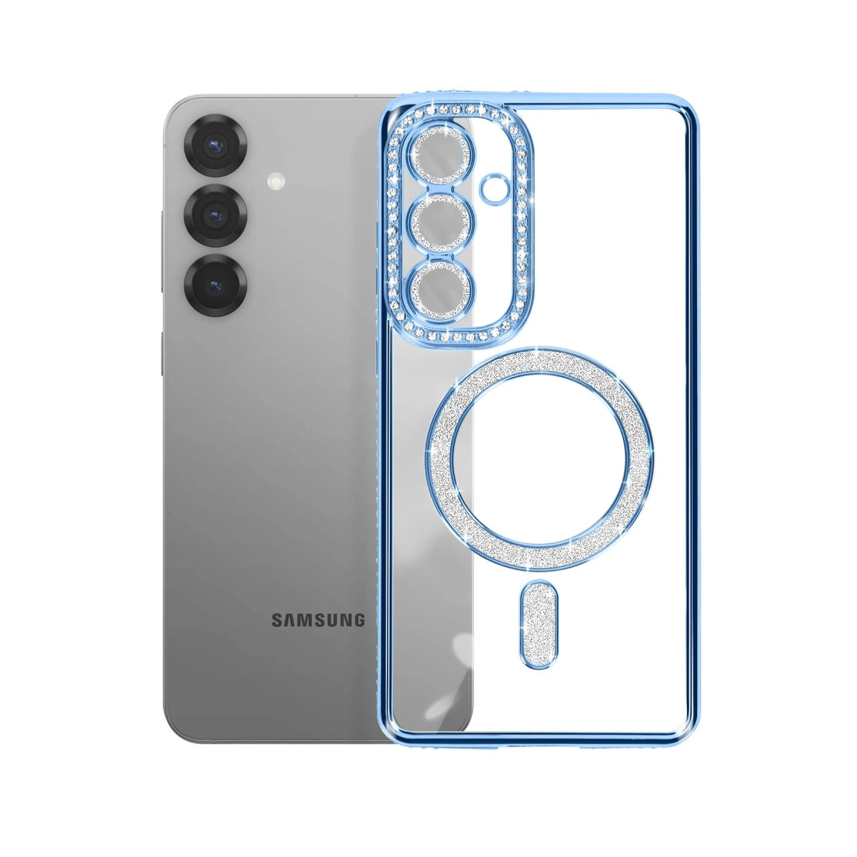 Mavi ve simli vurgulara sahip şeffaf kılıflı gümüş renkli Samsung telefon.