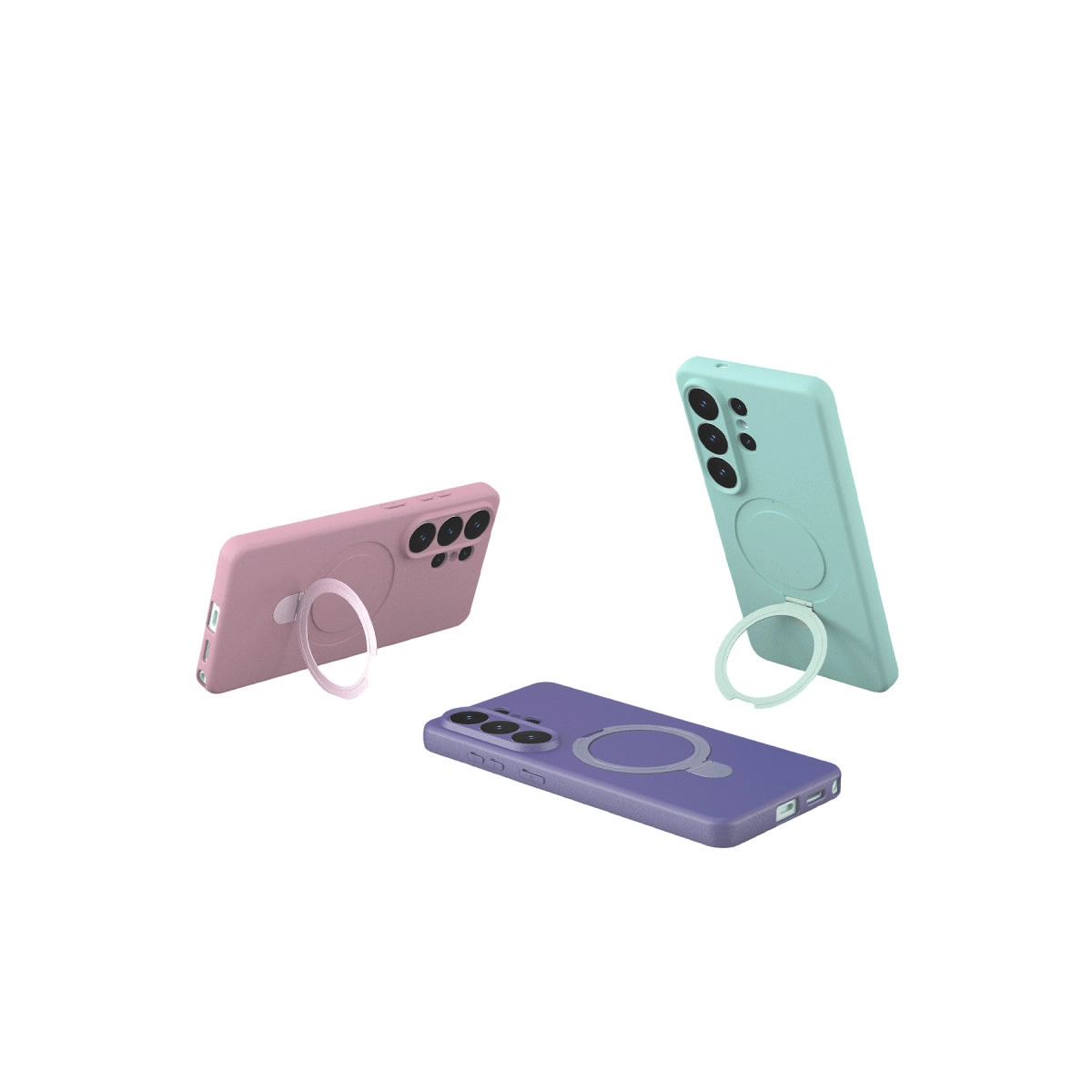 Halka tutuculu mor, pembe ve nane yeşili üç telefon kılıfı.