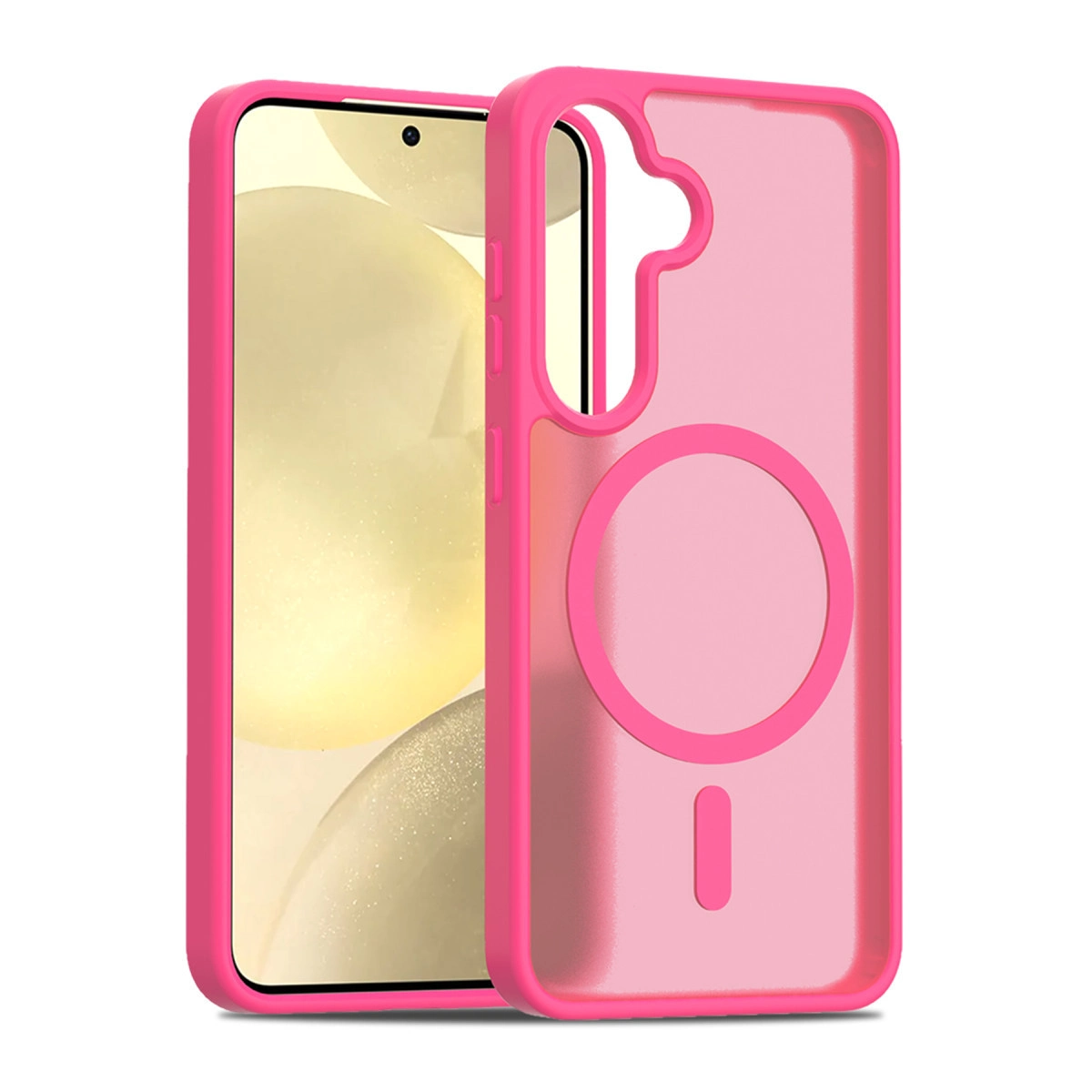 Mıknatıslı halkalı ve şeritli şeffaf pembe telefon kılıfı.