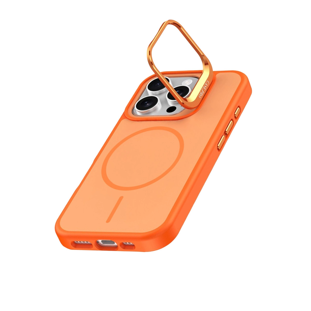 Altın halka tutuculu turuncu telefon kılıfı, beyaz arka.