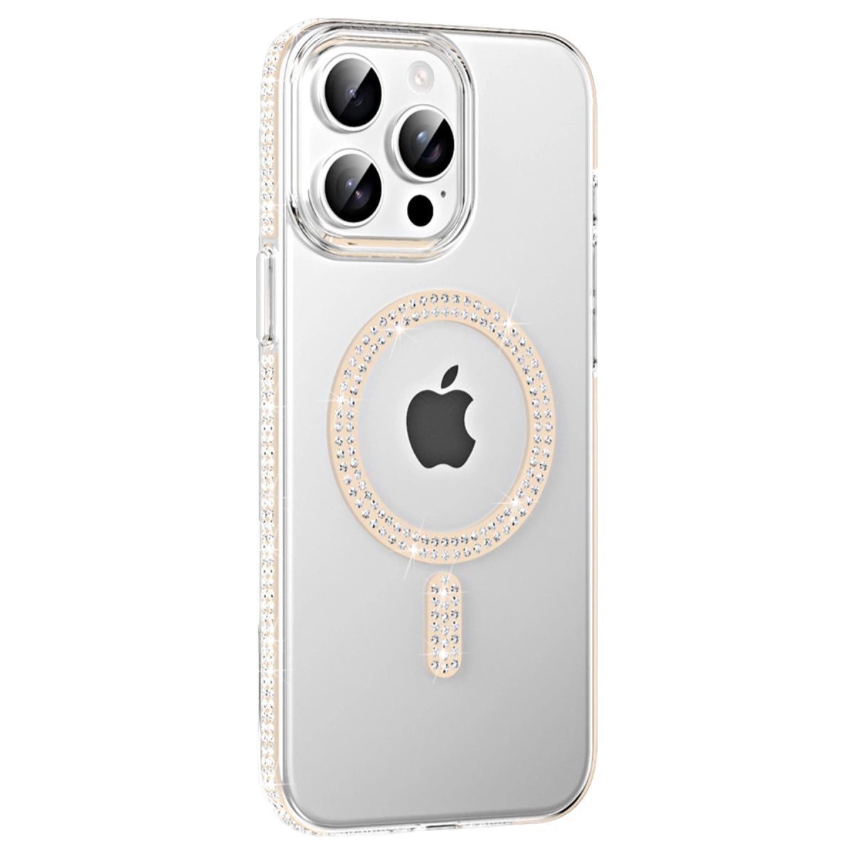 Kenarında ve Apple logosunun etrafında ışıltılı taşları olan şeffaf telefon kılıfı.