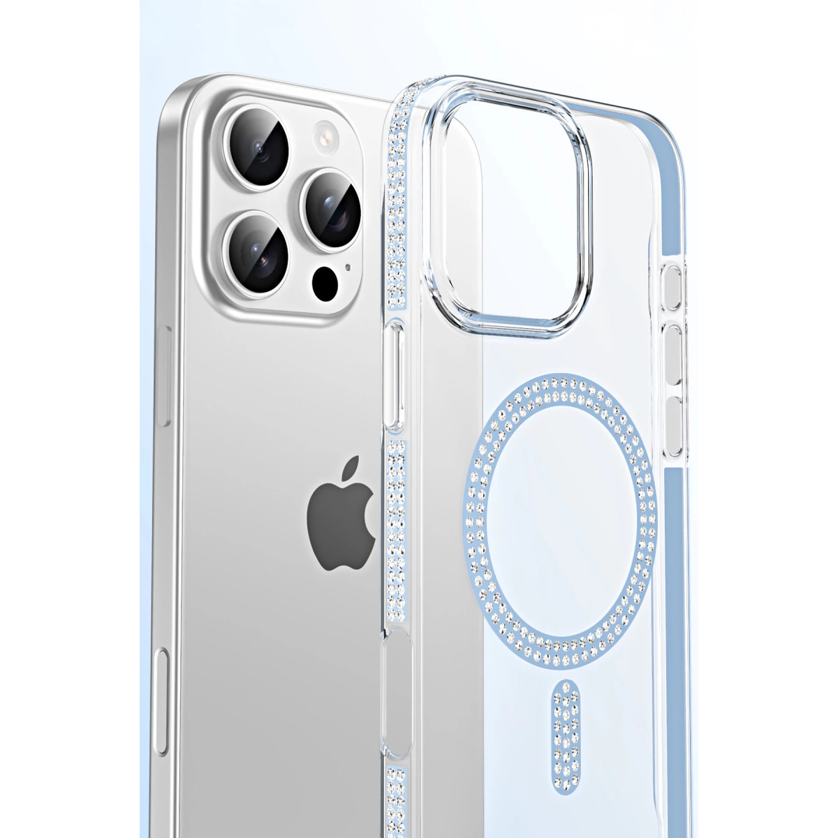 Mavi vurgulara ve parlak taşlara sahip şeffaf iPhone kılıfı.