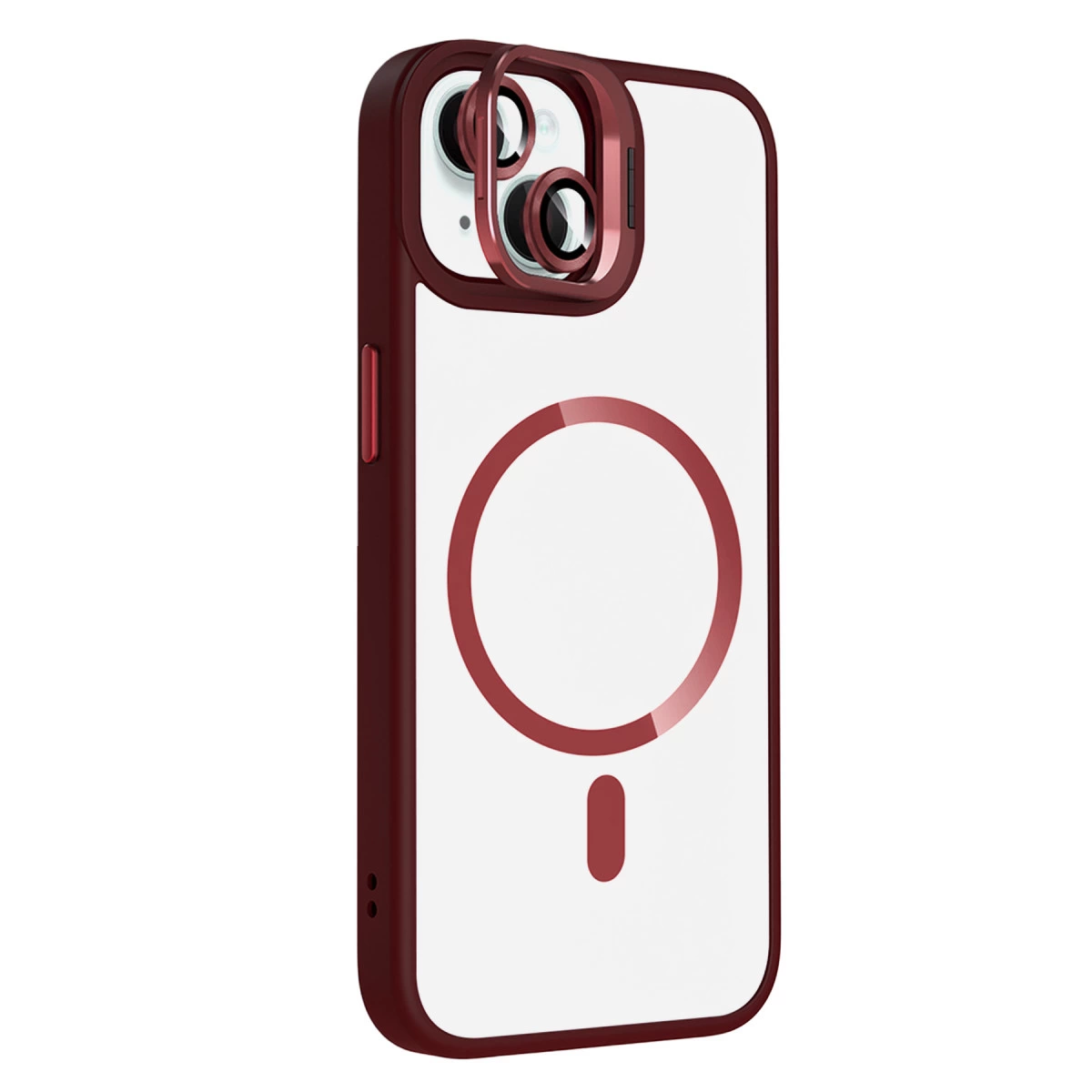 Şeffaf arka ve kamera çerçeveli kırmızı iPhone kılıfı.