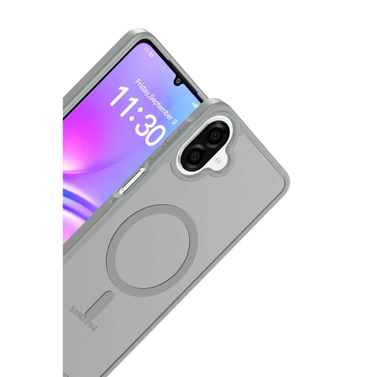 11:30 gösteren akıllı telefonda manyetik halkalı gri telefon kılıfı.