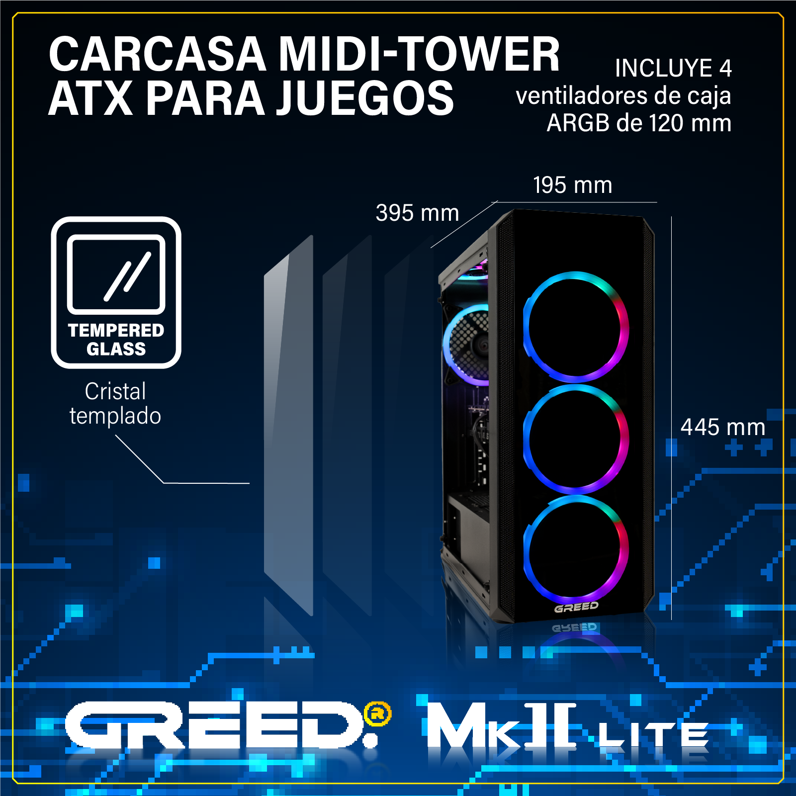 Caja gaming ATX midi-tower con 4 ventiladores ARGB y cristal templado.