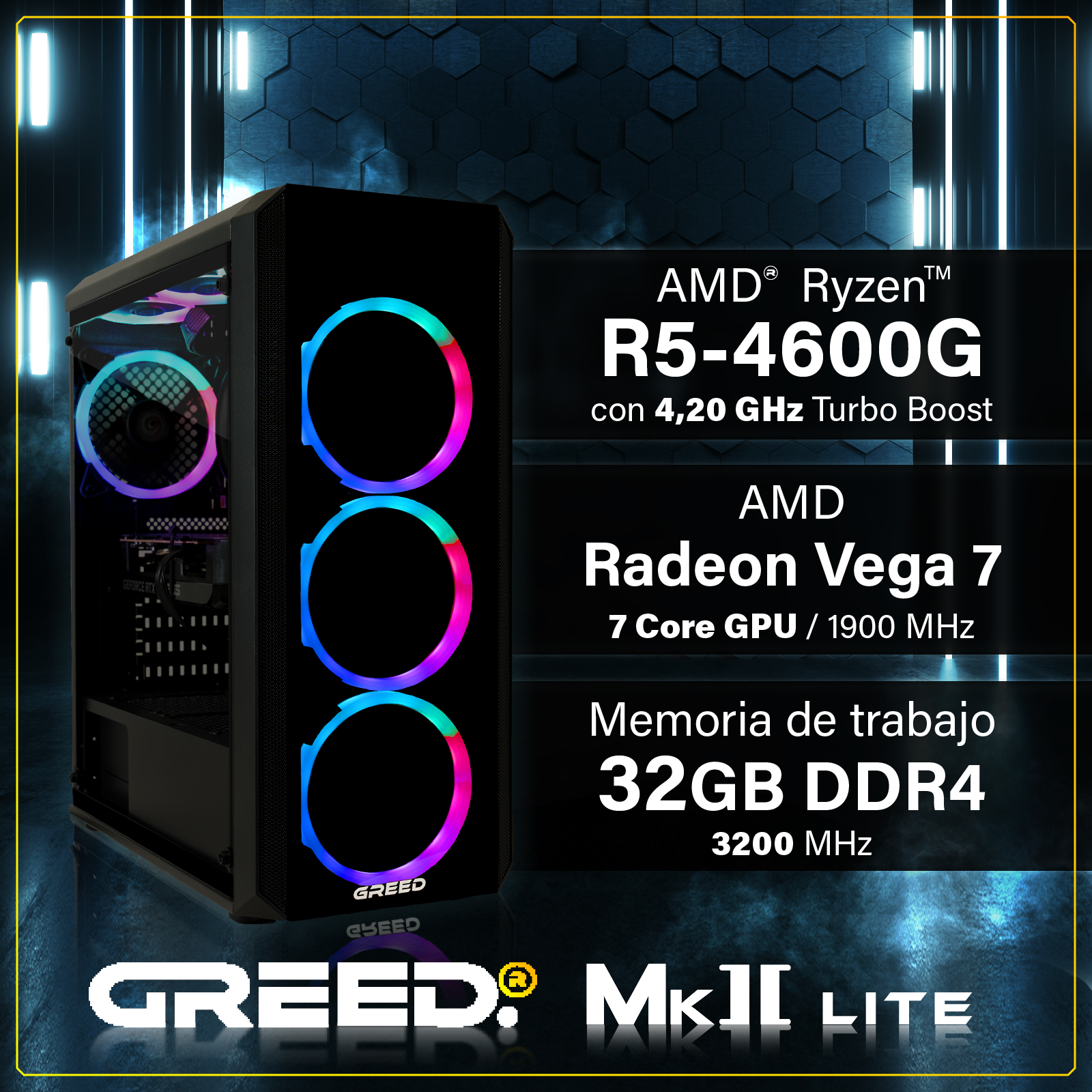 Una caja de PC con ventiladores RGB y especificaciones del procesador AMD Ryzen 5-4600G.