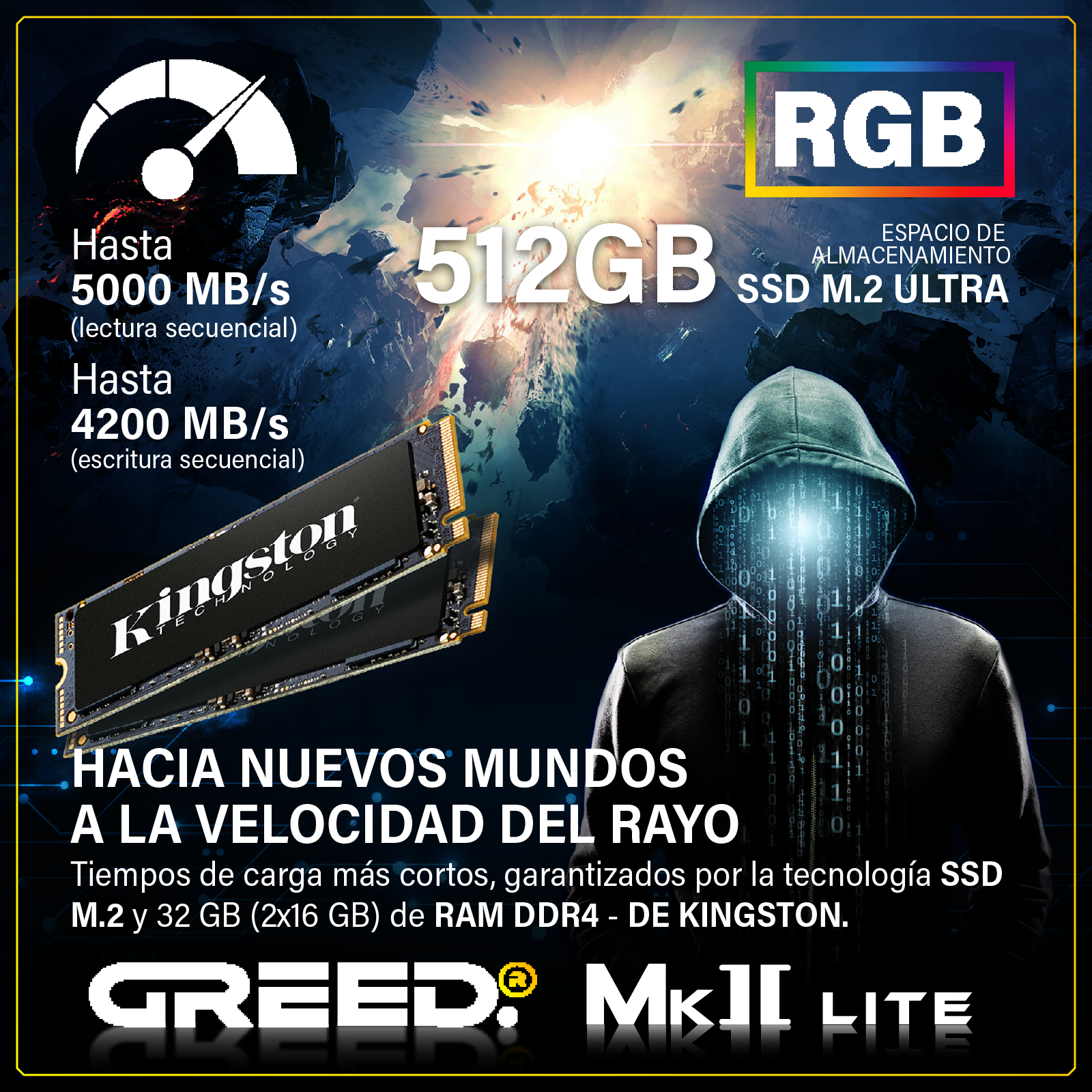 Figura encapuchada con código binario, SSDs Kingston y logo RGB. Almacenamiento 512GB.