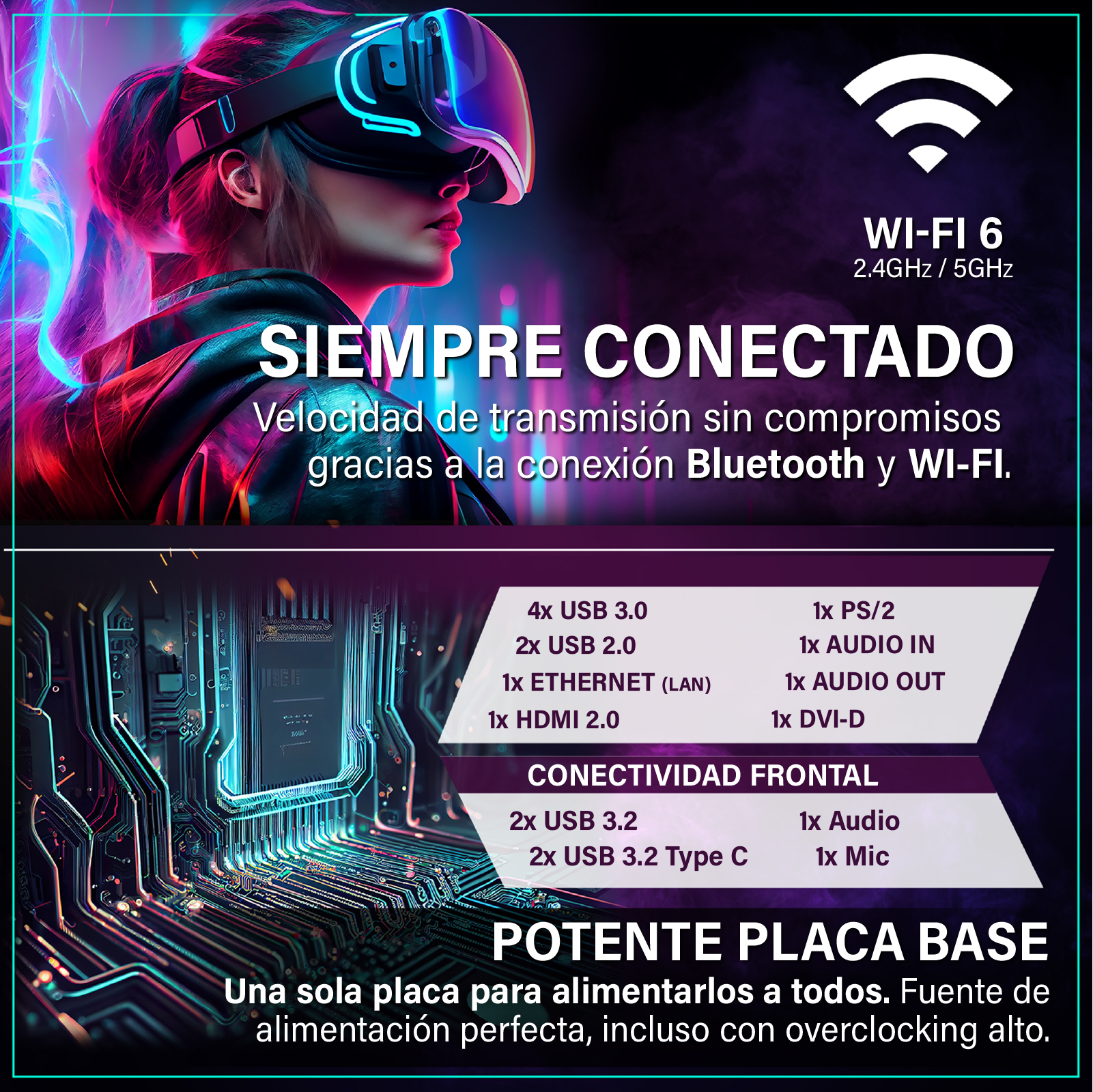 Mujer con gafas de RV sobre fondo oscuro con luces de neón. Especificaciones técnicas listadas.