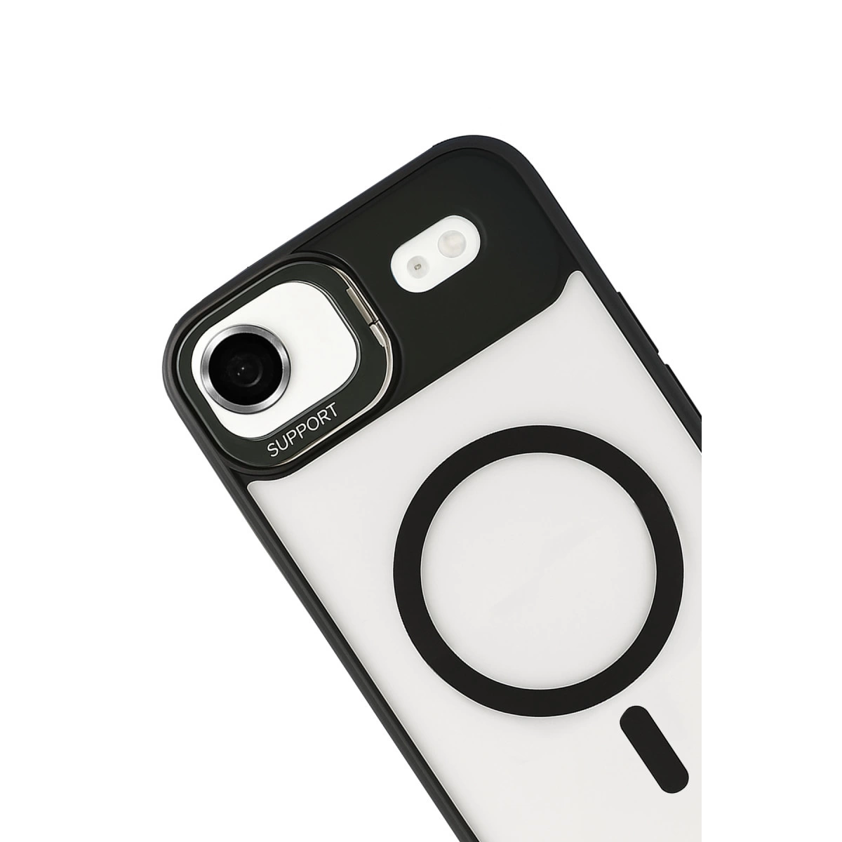 Kamera çıkıntılı ve manyetik halkalı siyah ve şeffaf iPhone kılıfı.