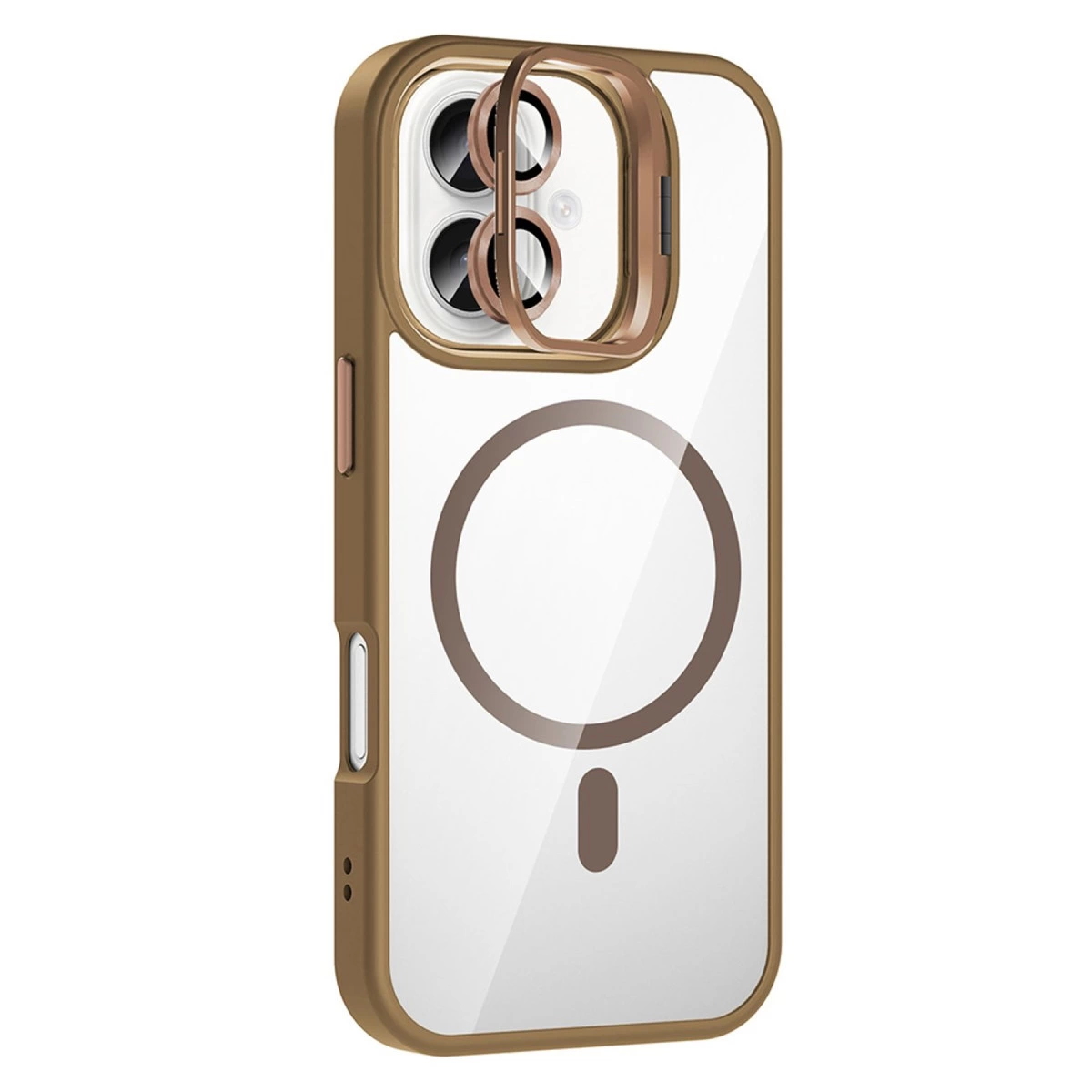 NEWFACE iPhone 16 Plus Uyumlu Remim Lensli Magsafe Standlı Kapak Telefon Kılıfı Kahverengi