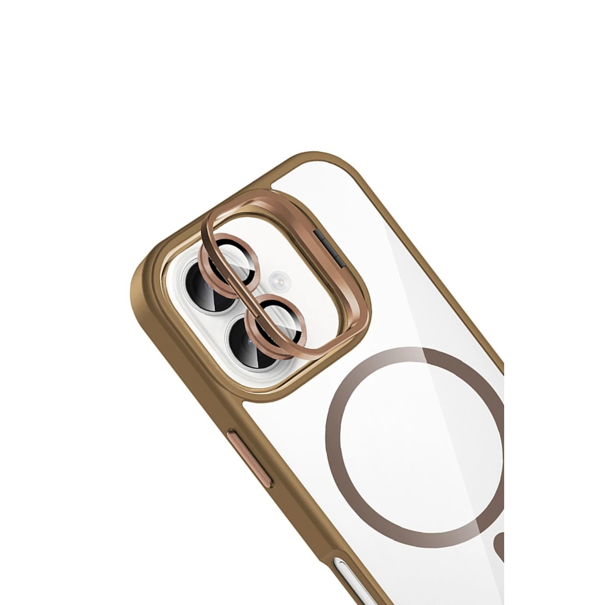 Arkada manyetik halkalı iPhone kamerası etrafında altın koruyucu çerçeve.