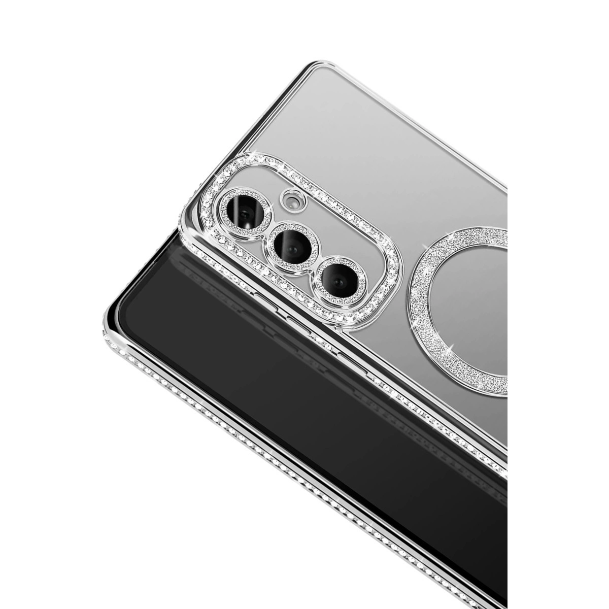 Siyah telefon üzerinde parlak yüzük ve kamera dekorlu şeffaf telefon kılıfı.