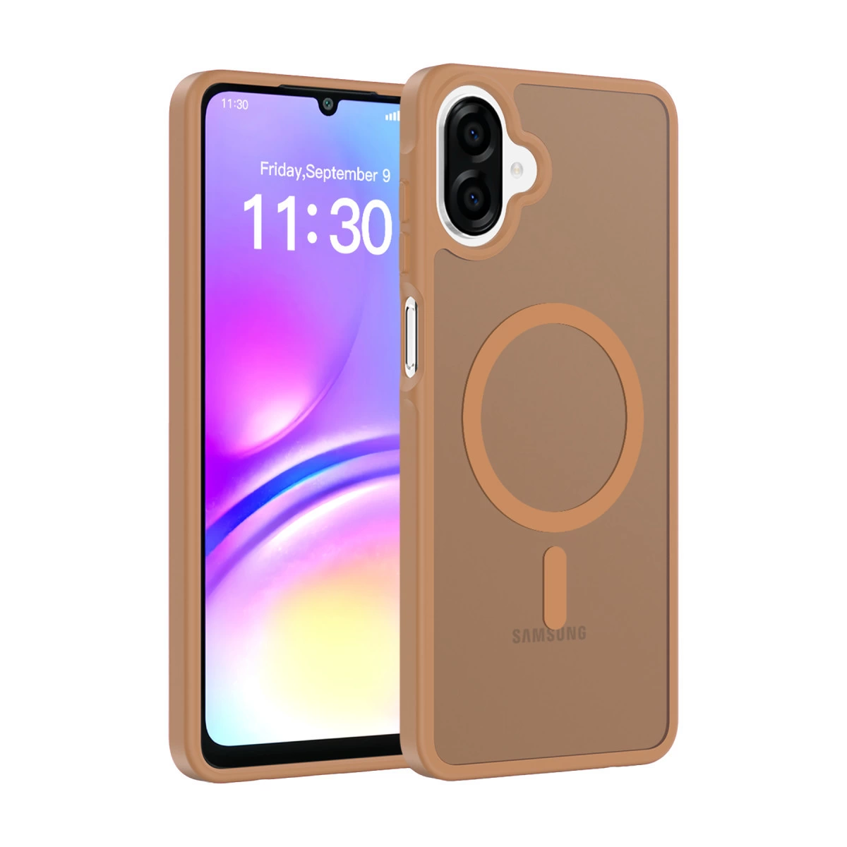 Arkada daire ve çizgi tasarımlı kahverengi telefon kılıfı.