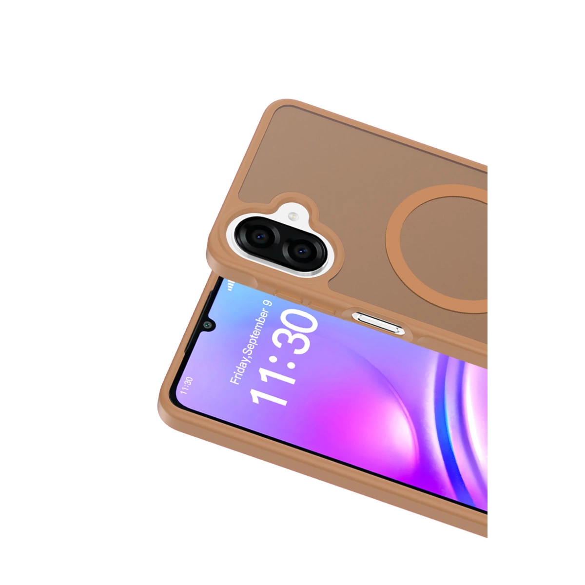İki kameralı ve parlak ekranlı kahverengi telefon kılıfı.
