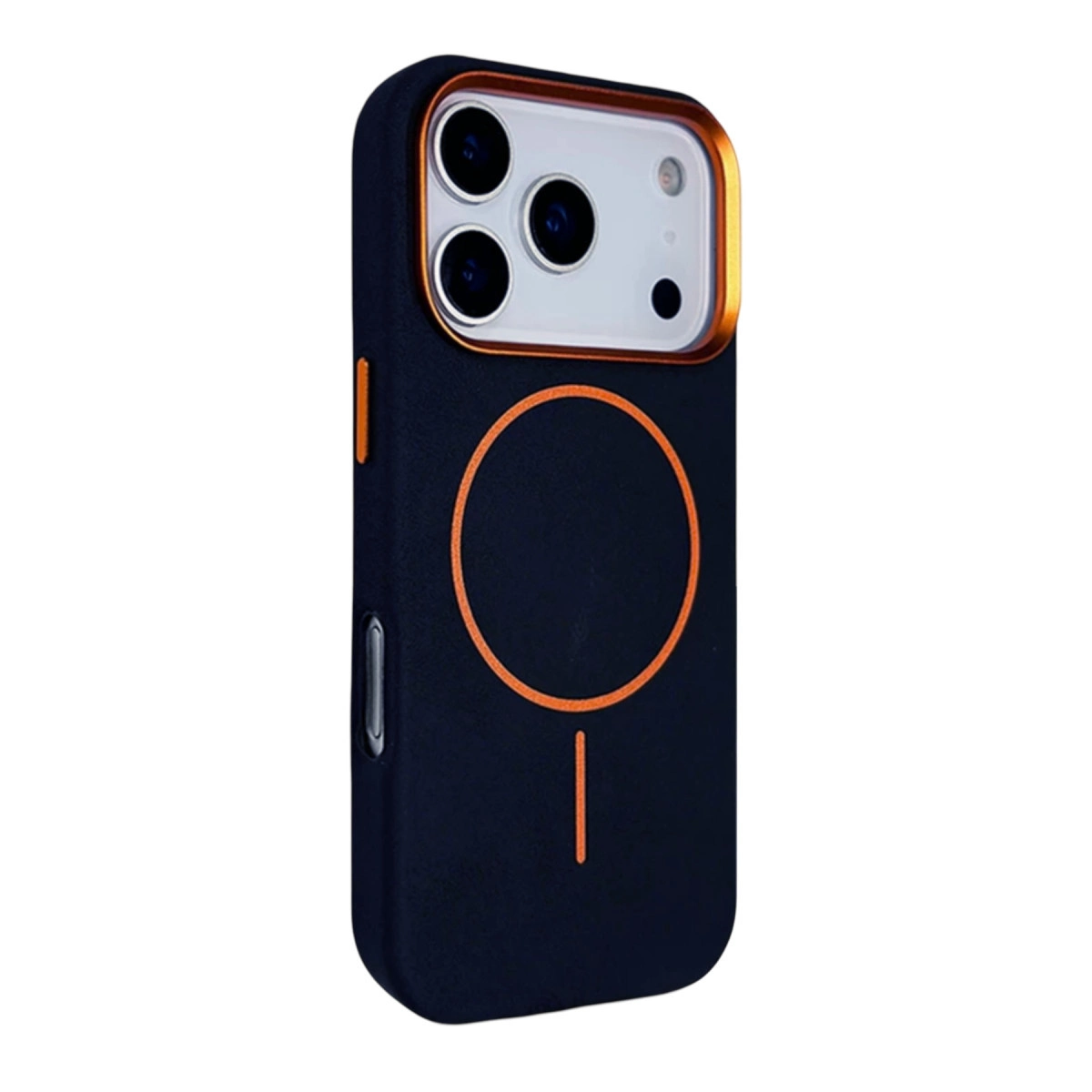 Turuncu halkalı ve kamera kesimli lacivert telefon kılıfı.