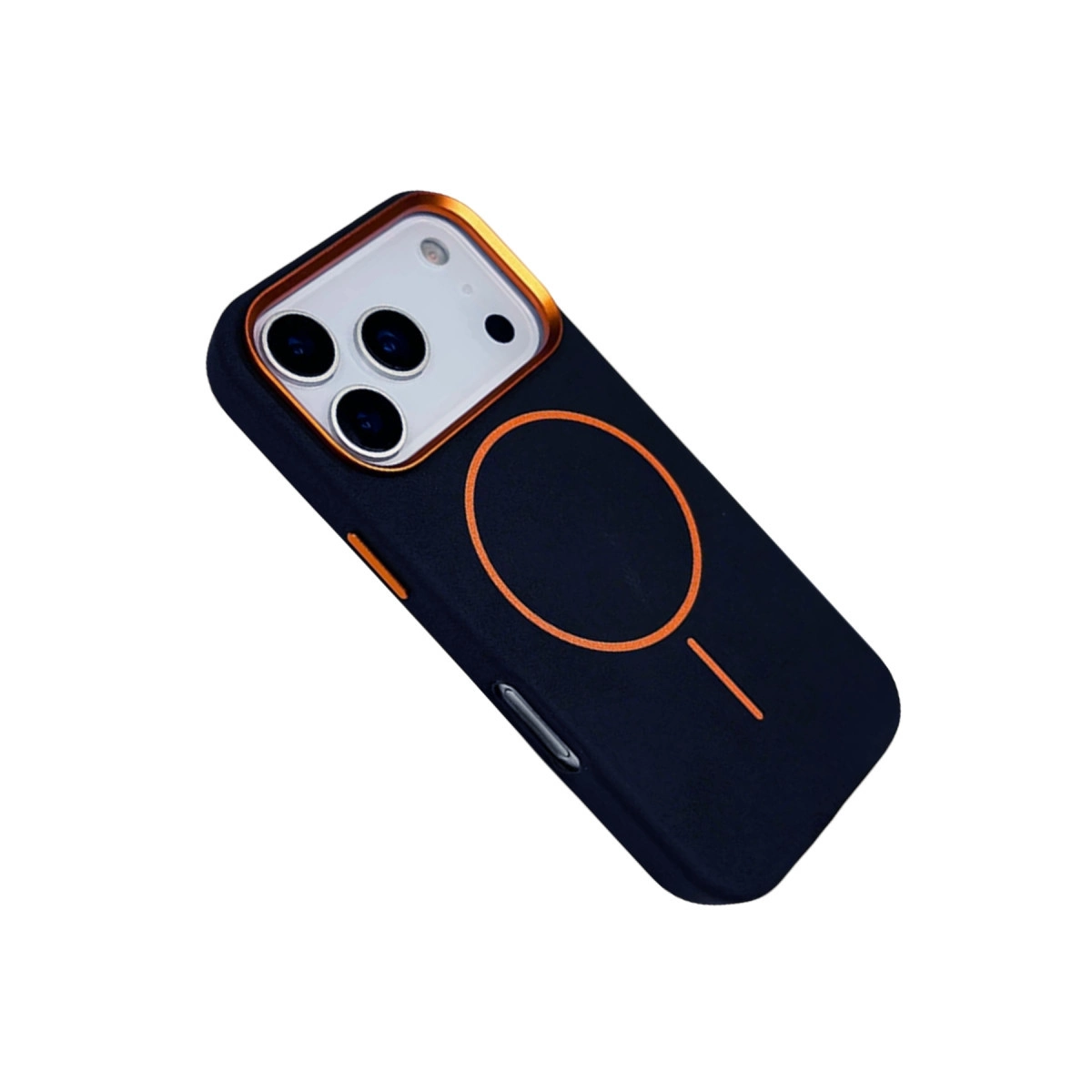 Turuncu aksanlı lacivert telefon kılıfı, kamera lenslerini ve manyetik halkayı gösteriyor.