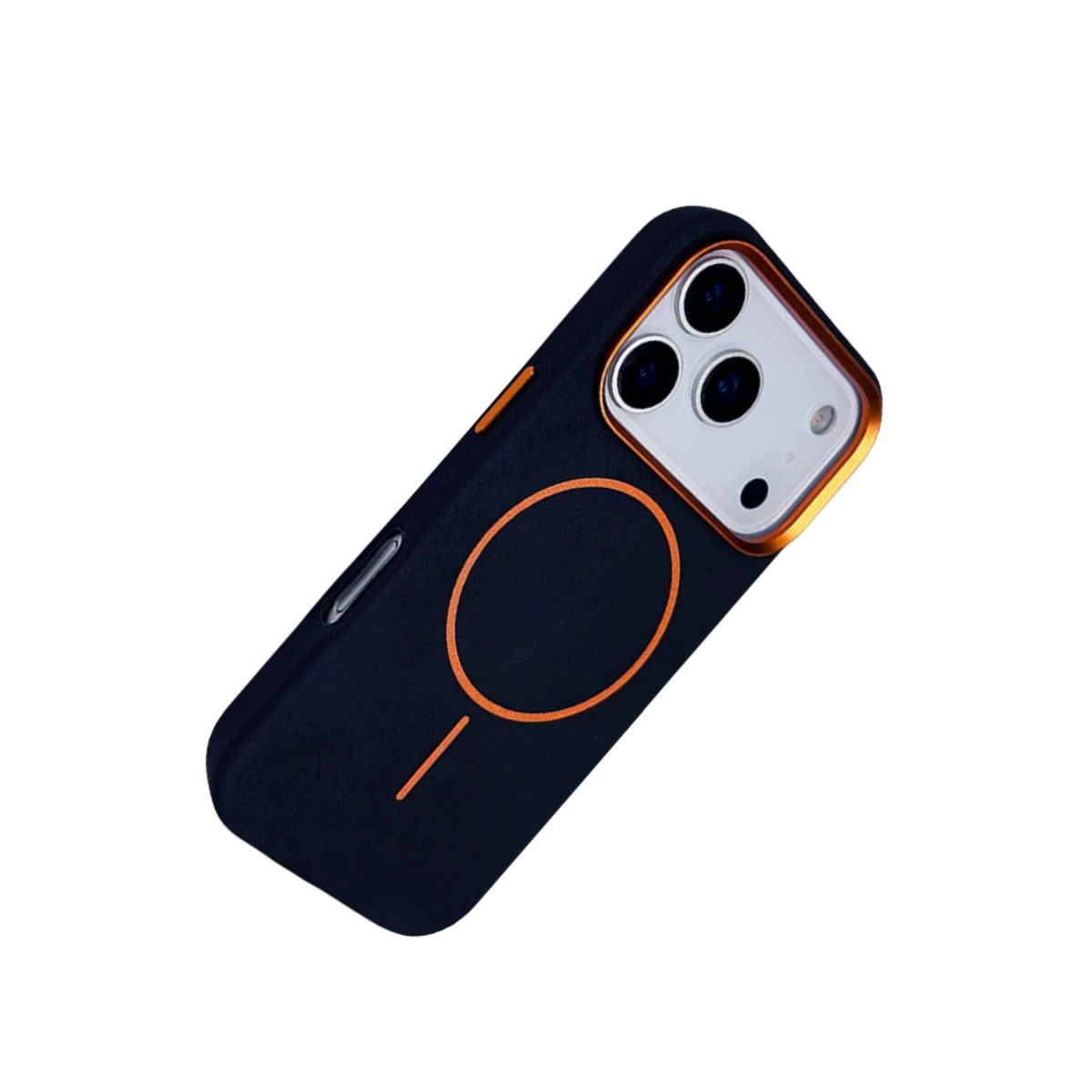 Turuncu halkalı, üç kameralı lacivert telefon kılıfı.