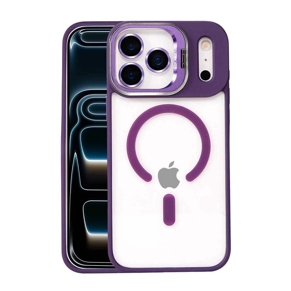 NEWFACE iPhone 17 Pro Max Uyumlu Remim Lensli Magsafe Standlı Kapak Telefon Kılıfı Derin Mor