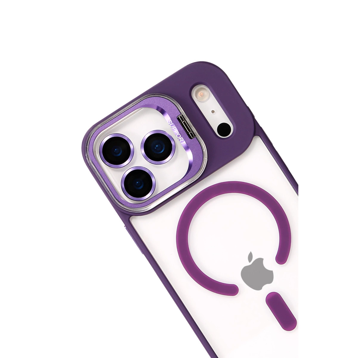 Üç kamera lensli ve Apple logolu mor telefon kılıfı.